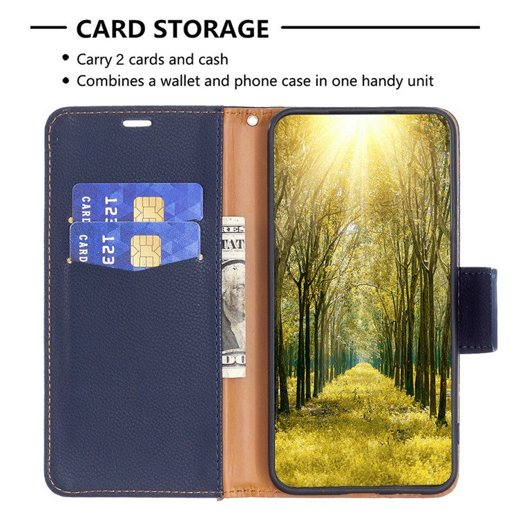 For Samsung Galaxy A24 4G (162.1 x 77.6 x 8.3mm) PU Leather Wallet Cover Litchi Texture Flip Stand Phone Case with Strap - Dark Blue