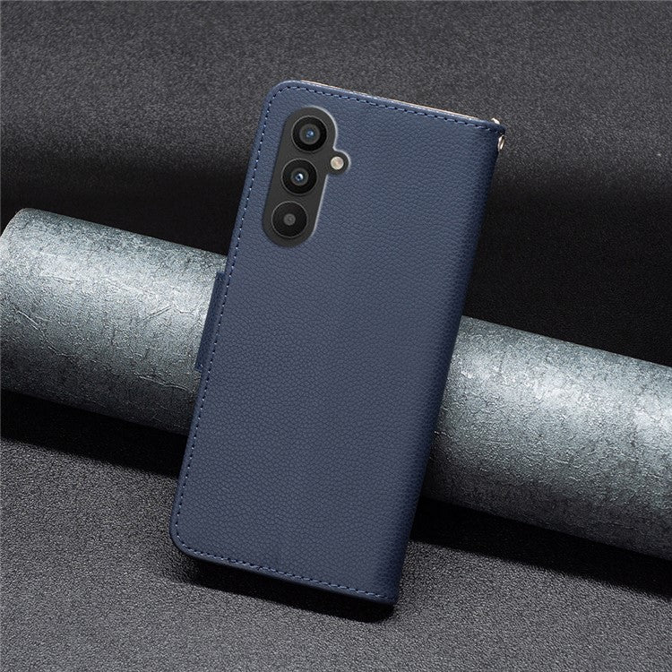 For Samsung Galaxy A24 4G (162.1 x 77.6 x 8.3mm) PU Leather Wallet Cover Litchi Texture Flip Stand Phone Case with Strap - Dark Blue