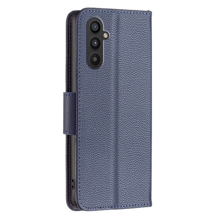 For Samsung Galaxy A24 4G (162.1 x 77.6 x 8.3mm) PU Leather Wallet Cover Litchi Texture Flip Stand Phone Case with Strap - Dark Blue