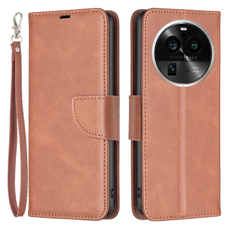 Solid Color Textured PU Leather Phone Case for Oppo Find X6 Pro , Wallet Anti-Scratch Stand Phone Cover with Strap - Brown