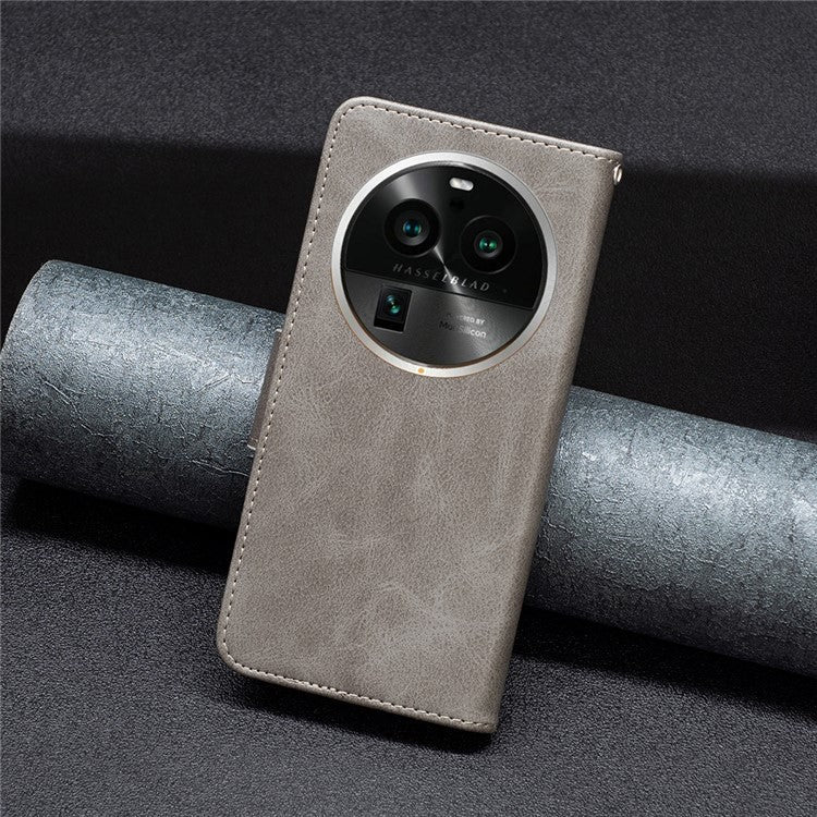 Solid Color Textured PU Leather Phone Case for Oppo Find X6 Pro , Wallet Anti-Scratch Stand Phone Cover with Strap - Grey