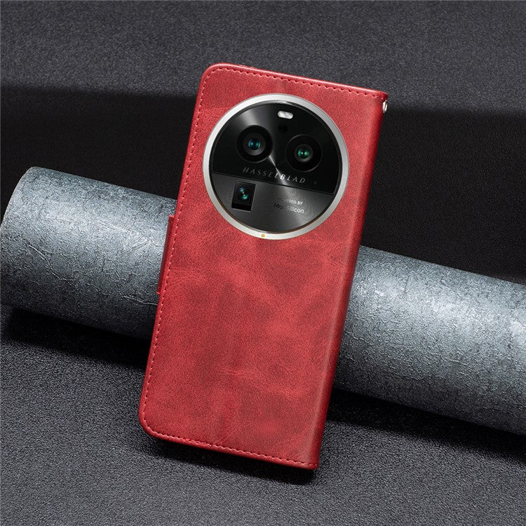 Solid Color Textured PU Leather Phone Case for Oppo Find X6 Pro , Wallet Anti-Scratch Stand Phone Cover with Strap - Red