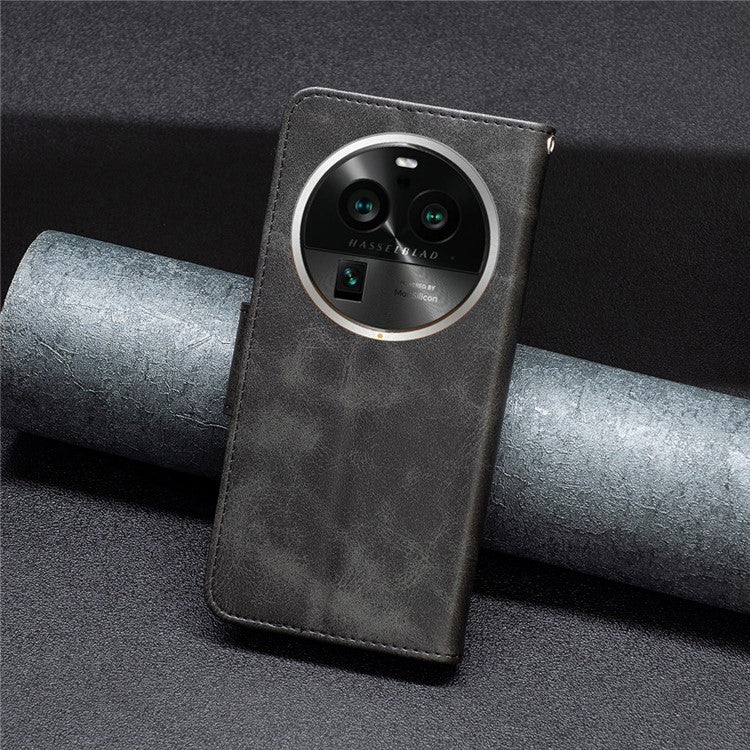 Solid Color Textured PU Leather Phone Case for Oppo Find X6 Pro , Wallet Anti-Scratch Stand Phone Cover with Strap - Black