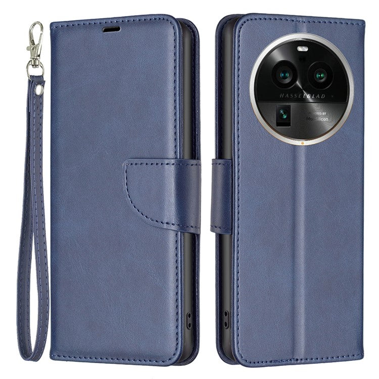 Solid Color Textured PU Leather Phone Case for Oppo Find X6 Pro , Wallet Anti-Scratch Stand Phone Cover with Strap - Blue