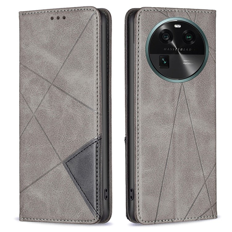 Splicing PU Leather Phone Cover for Oppo Find X6 , Card Holder Imprinting Pattern Cell Phone Stand Case - Grey