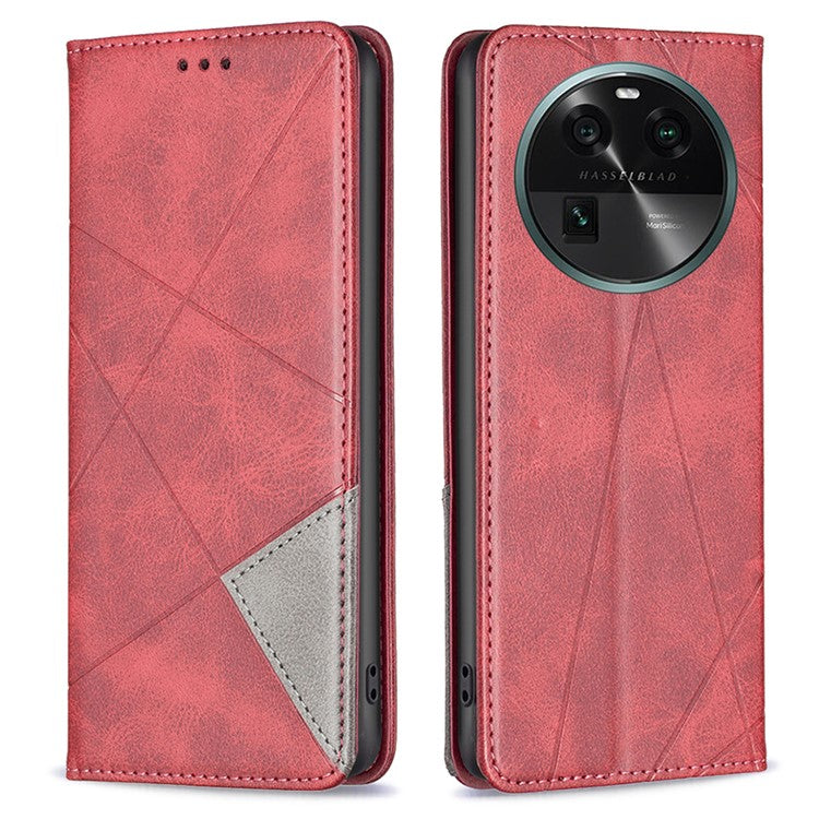 Splicing PU Leather Phone Cover for Oppo Find X6 , Card Holder Imprinting Pattern Cell Phone Stand Case - Red