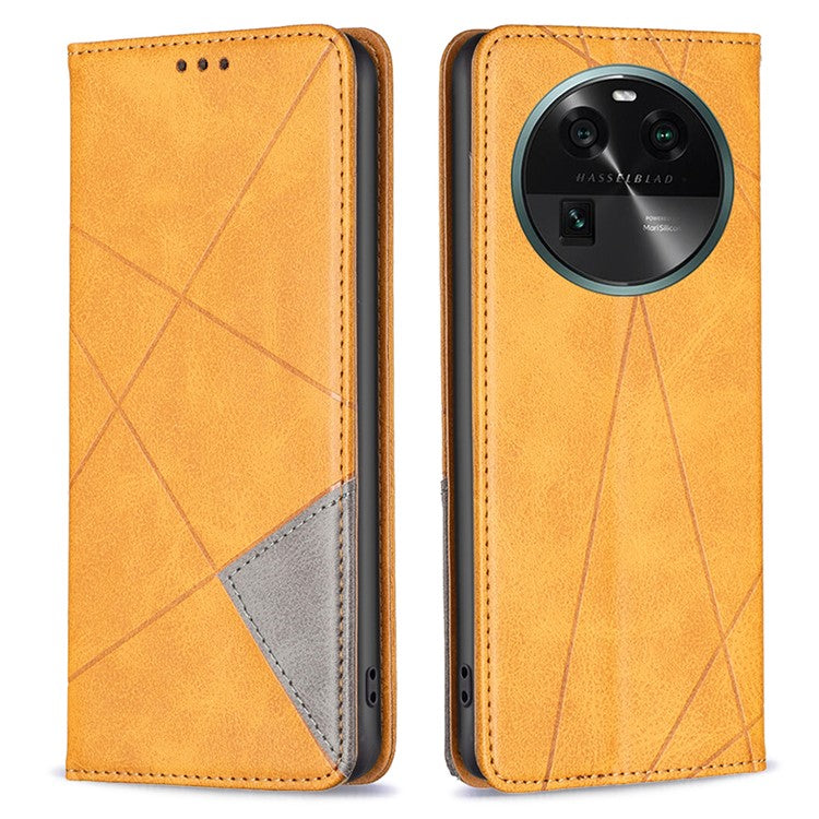 Splicing PU Leather Phone Cover for Oppo Find X6 , Card Holder Imprinting Pattern Cell Phone Stand Case - Yellow