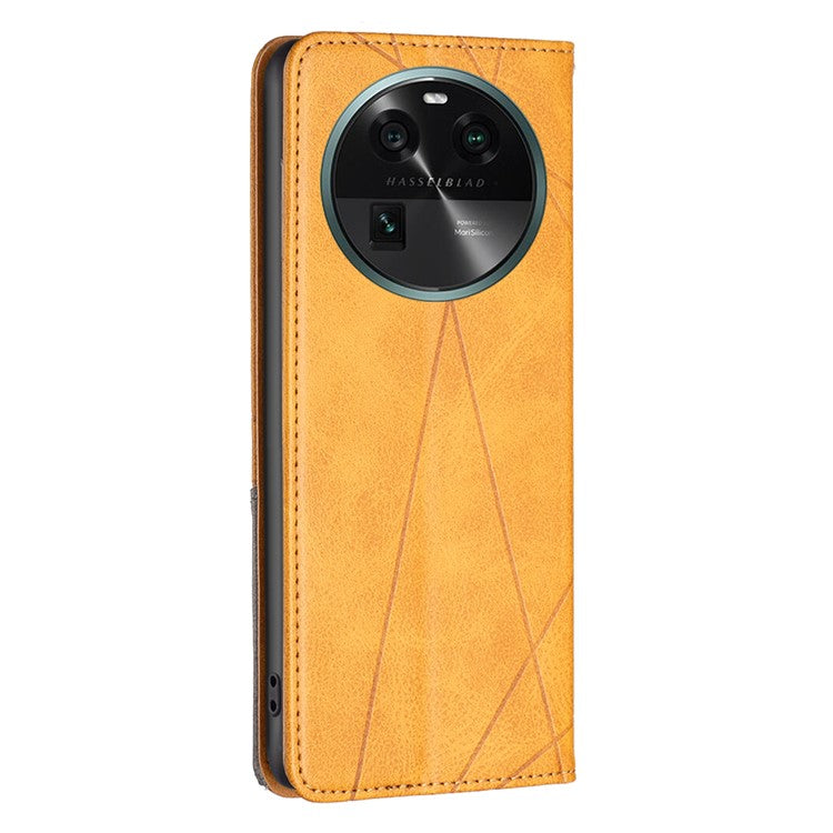 Splicing PU Leather Phone Cover for Oppo Find X6 , Card Holder Imprinting Pattern Cell Phone Stand Case - Yellow