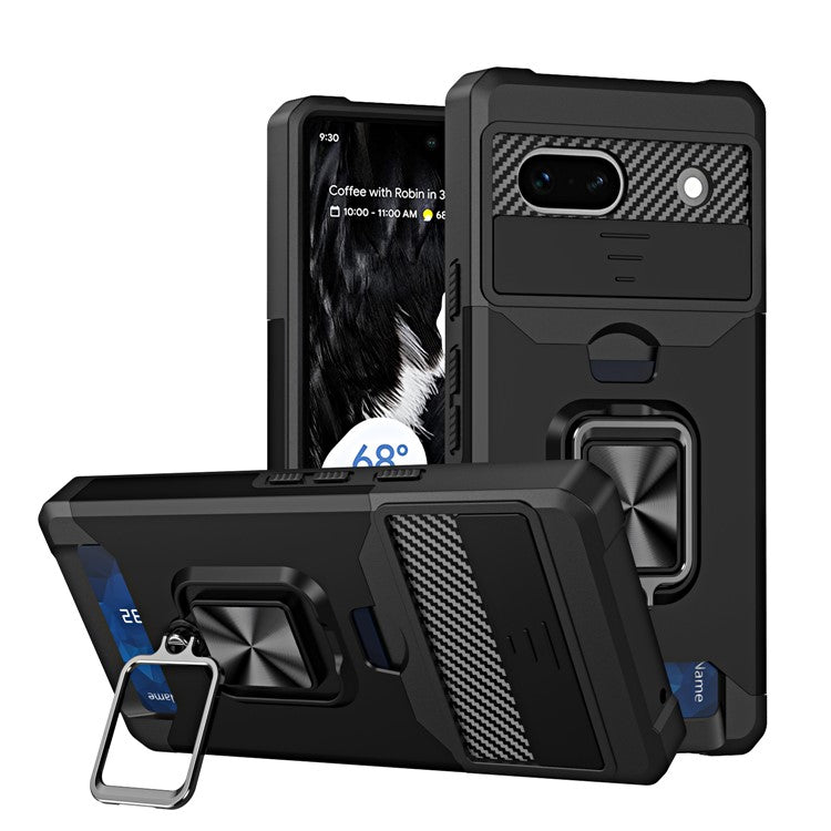 For Google Pixel 7a Card Holder Kickstand Phone Case PC+TPU Hybrid Cover with Slide Camera Lid - Black