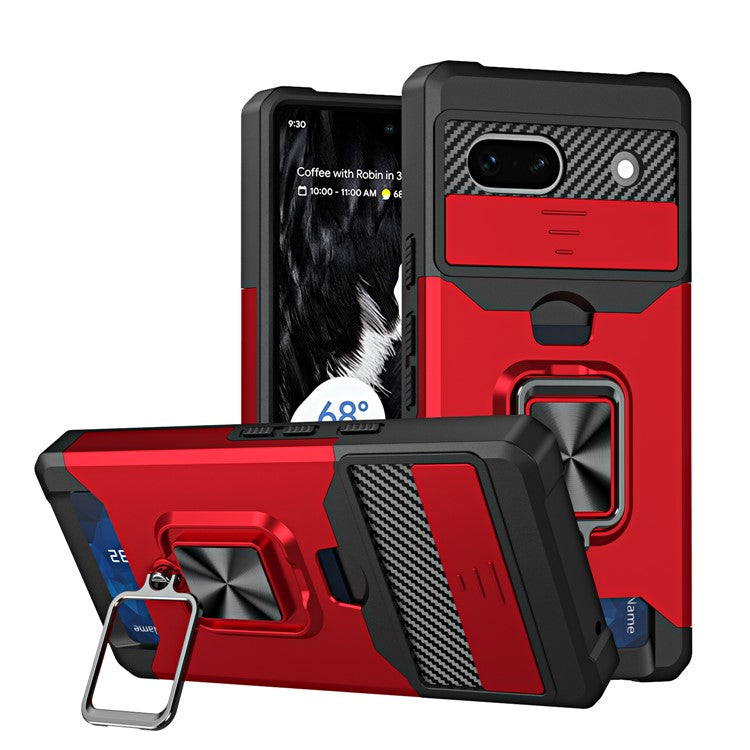 For Google Pixel 7a Card Holder Kickstand Phone Case PC+TPU Hybrid Cover with Slide Camera Lid - Red