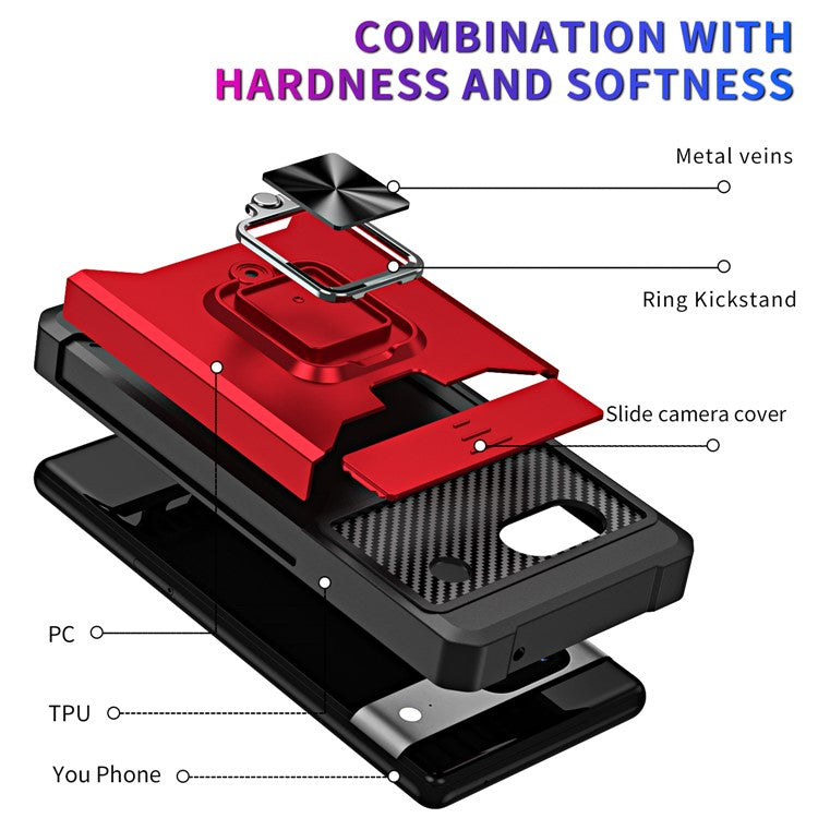 For Google Pixel 7a Card Holder Kickstand Phone Case PC+TPU Hybrid Cover with Slide Camera Lid - Red