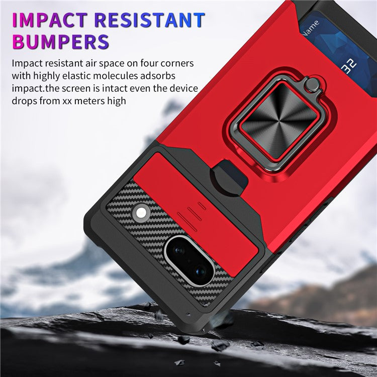 For Google Pixel 7a Card Holder Kickstand Phone Case PC+TPU Hybrid Cover with Slide Camera Lid - Red