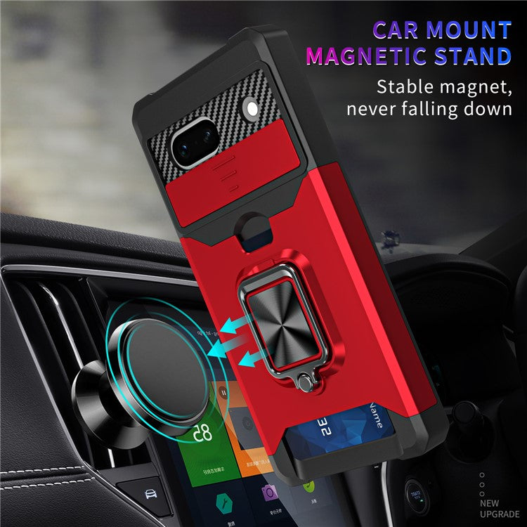 For Google Pixel 7a Card Holder Kickstand Phone Case PC+TPU Hybrid Cover with Slide Camera Lid - Red