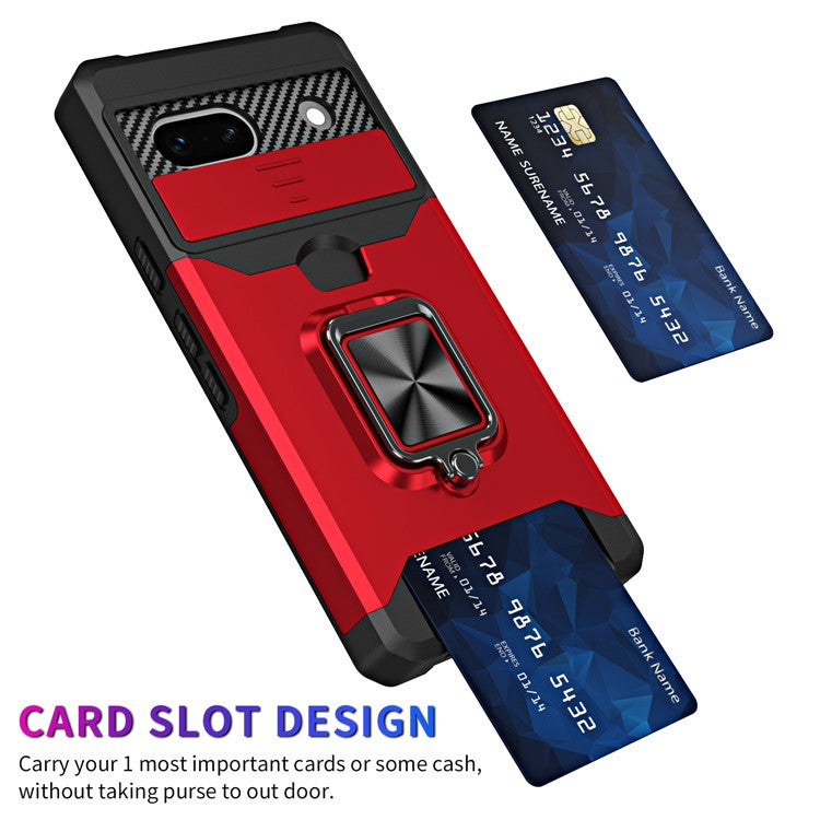 For Google Pixel 7a Card Holder Kickstand Phone Case PC+TPU Hybrid Cover with Slide Camera Lid - Red