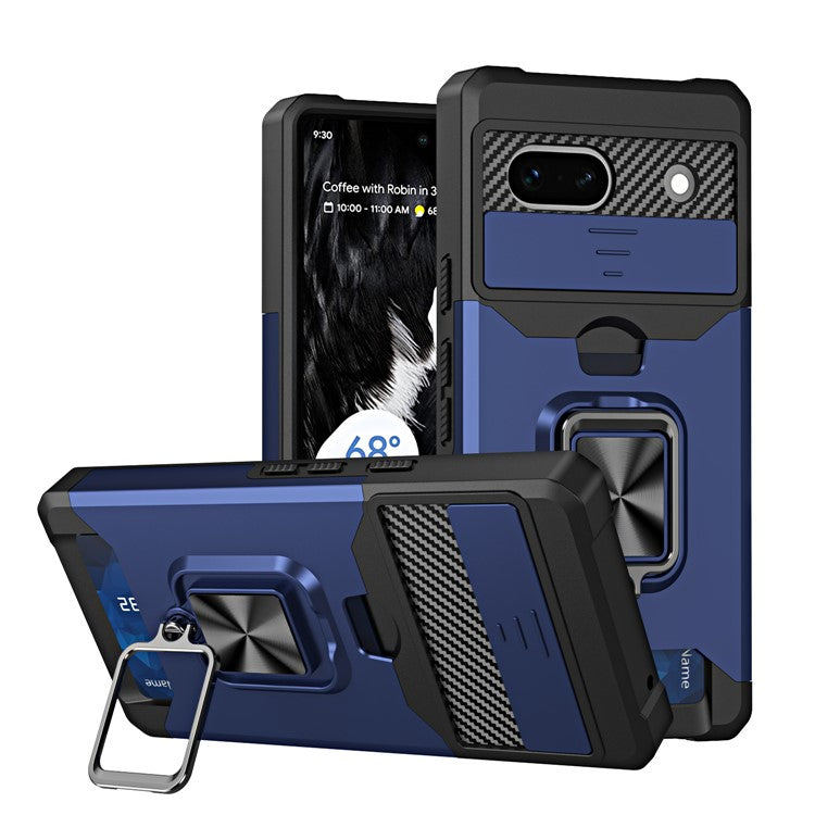 For Google Pixel 7a Card Holder Kickstand Phone Case PC+TPU Hybrid Cover with Slide Camera Lid - Navy Blue