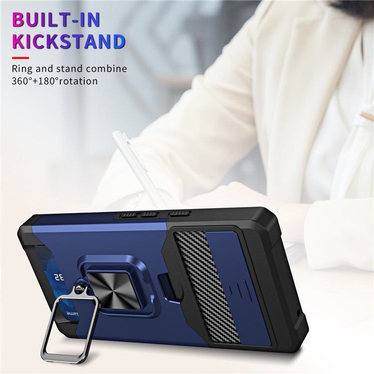 For Google Pixel 7a Card Holder Kickstand Phone Case PC+TPU Hybrid Cover with Slide Camera Lid - Navy Blue