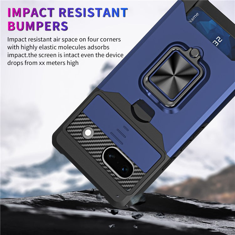 For Google Pixel 7a Card Holder Kickstand Phone Case PC+TPU Hybrid Cover with Slide Camera Lid - Navy Blue