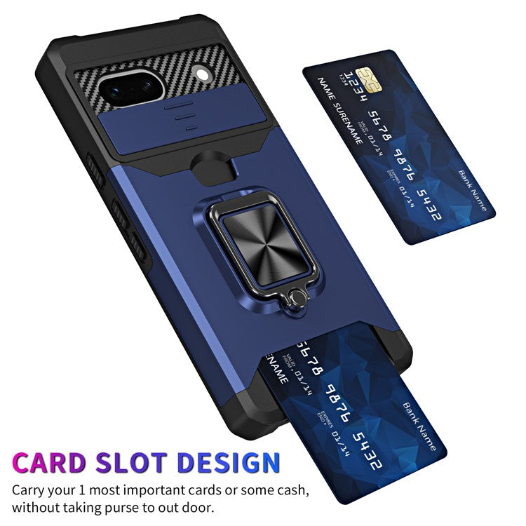 For Google Pixel 7a Card Holder Kickstand Phone Case PC+TPU Hybrid Cover with Slide Camera Lid - Navy Blue