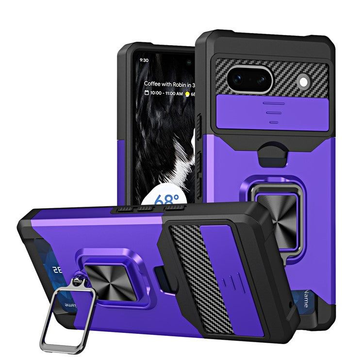 For Google Pixel 7a Card Holder Kickstand Phone Case PC+TPU Hybrid Cover with Slide Camera Lid - Purple