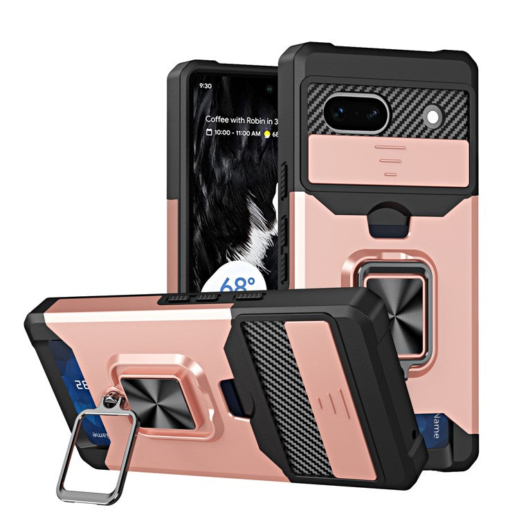 For Google Pixel 7a Card Holder Kickstand Phone Case PC+TPU Hybrid Cover with Slide Camera Lid - Rose Gold