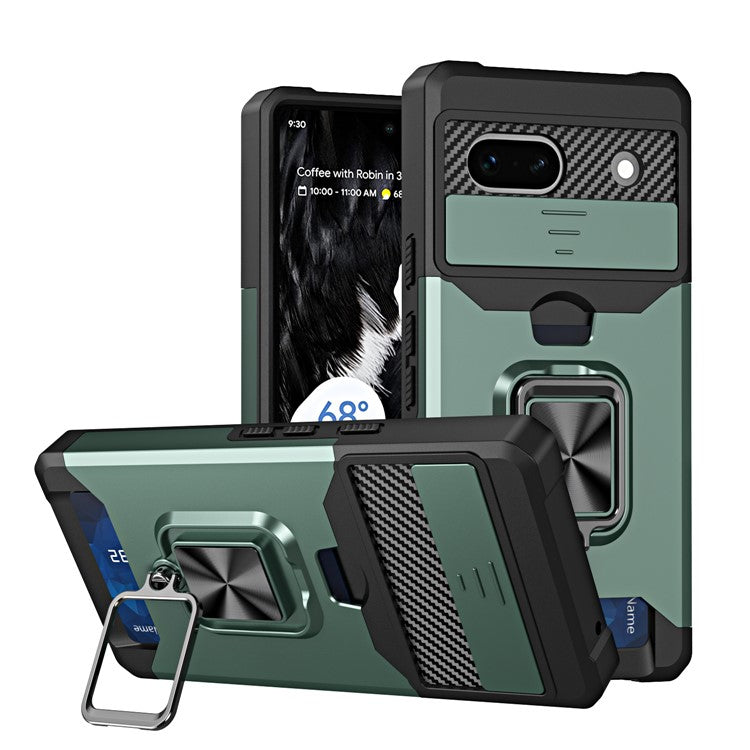 For Google Pixel 7a Card Holder Kickstand Phone Case PC+TPU Hybrid Cover with Slide Camera Lid - Blackish Green