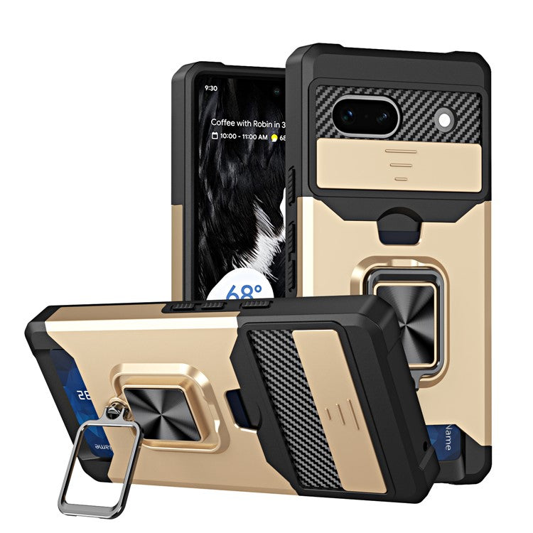 For Google Pixel 7a Card Holder Kickstand Phone Case PC+TPU Hybrid Cover with Slide Camera Lid - Gold