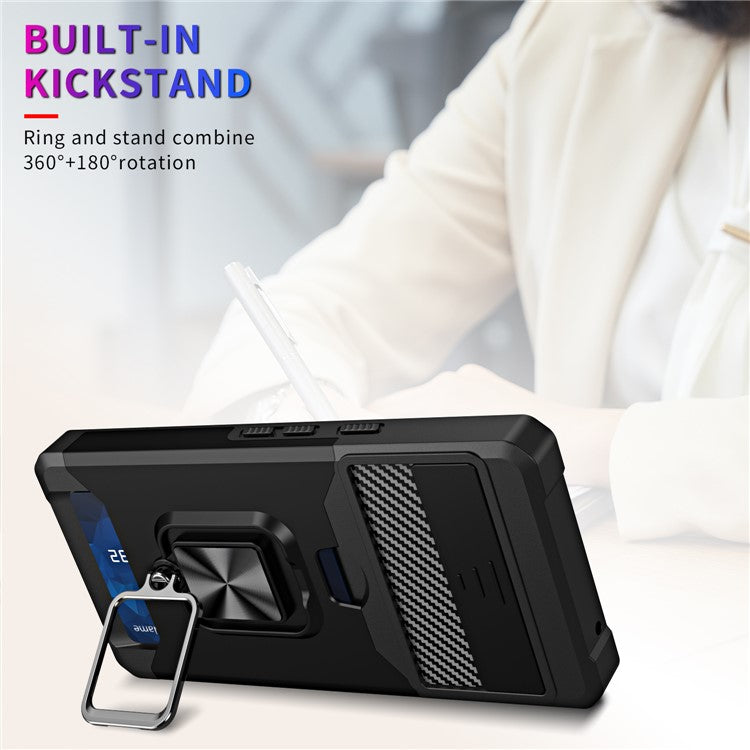 For Google Pixel 7a Card Holder Kickstand Phone Case PC+TPU Hybrid Cover with Slide Camera Lid - Gold