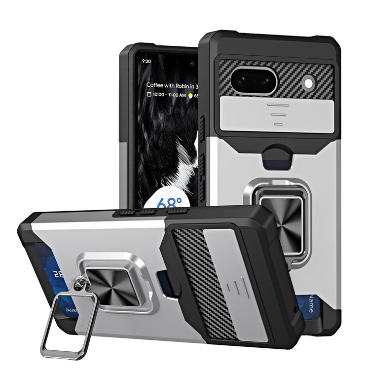 For Google Pixel 7a Card Holder Kickstand Phone Case PC+TPU Hybrid Cover with Slide Camera Lid - Silver