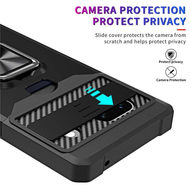 For Google Pixel 7a Card Holder Kickstand Phone Case PC+TPU Hybrid Cover with Slide Camera Lid - Silver