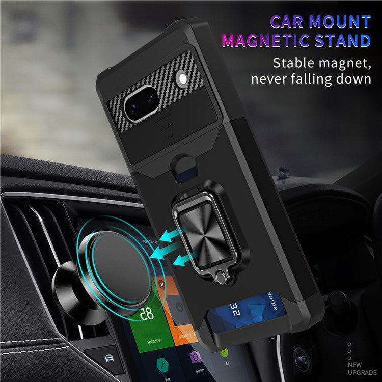 For Google Pixel 7a Card Holder Kickstand Phone Case PC+TPU Hybrid Cover with Slide Camera Lid - Silver