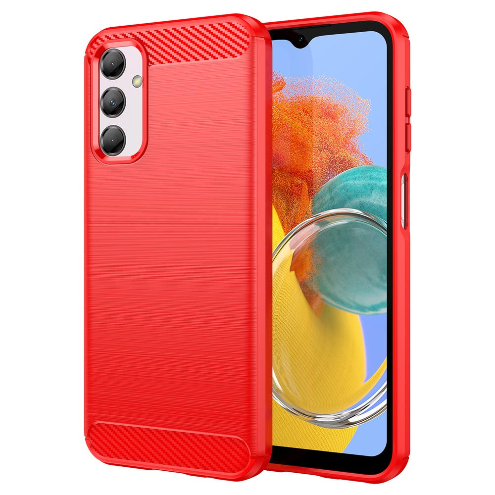 For Samsung Galaxy M14 5G Carbon Fiber Texture Shockproof Brushed TPU Phone Case Cell Phone Cover - Red