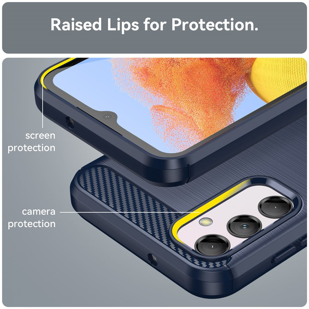 For Samsung Galaxy M14 5G Carbon Fiber Texture Shockproof Brushed TPU Phone Case Cell Phone Cover - Blue