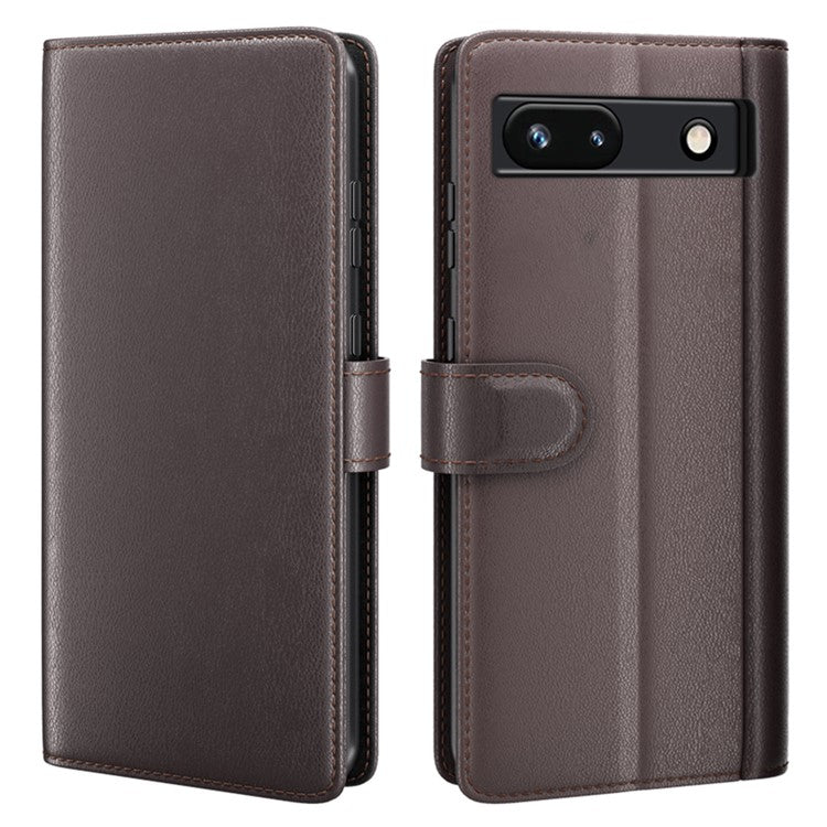 For Google Pixel 7a Genuine Cow Leather Shockproof Phone Case Folding Stand Wallet Protective Cover - Brown
