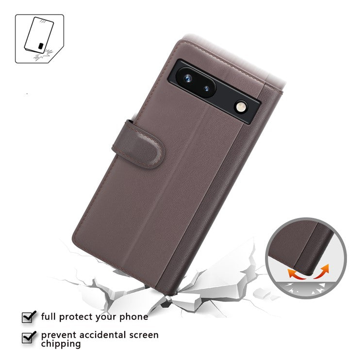 For Google Pixel 7a Genuine Cow Leather Shockproof Phone Case Folding Stand Wallet Protective Cover - Brown