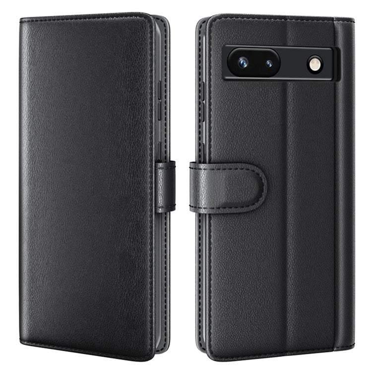 For Google Pixel 7a Genuine Cow Leather Shockproof Phone Case Folding Stand Wallet Protective Cover - Black