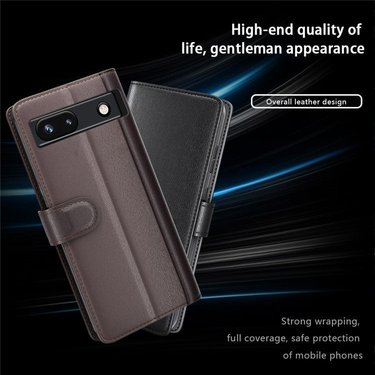 For Google Pixel 7a Genuine Cow Leather Shockproof Phone Case Folding Stand Wallet Protective Cover - Black