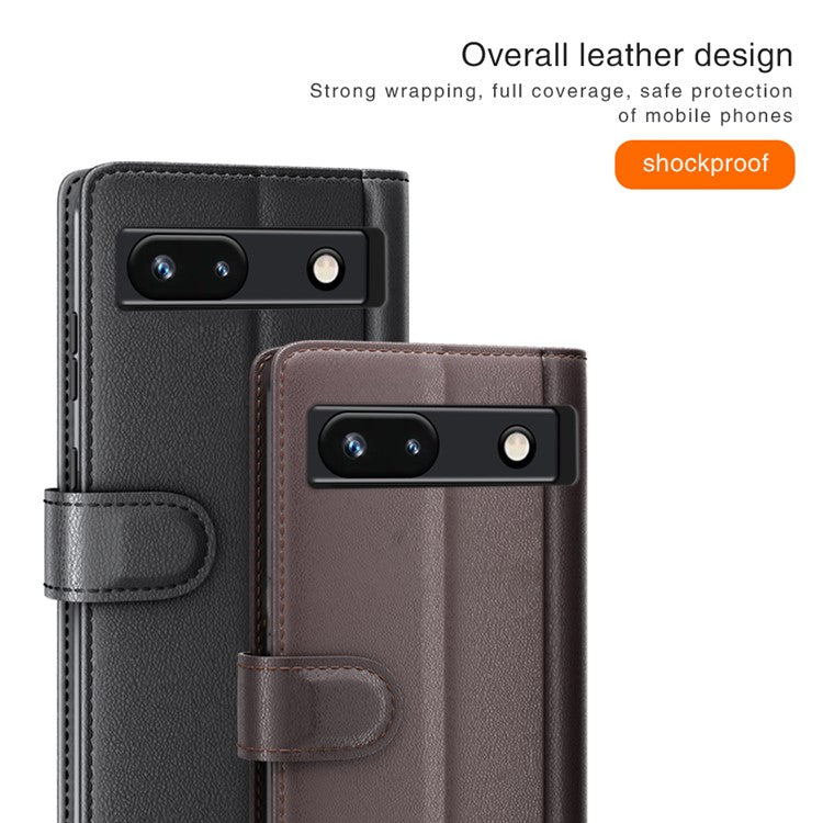 For Google Pixel 7a Genuine Cow Leather Shockproof Phone Case Folding Stand Wallet Protective Cover - Black