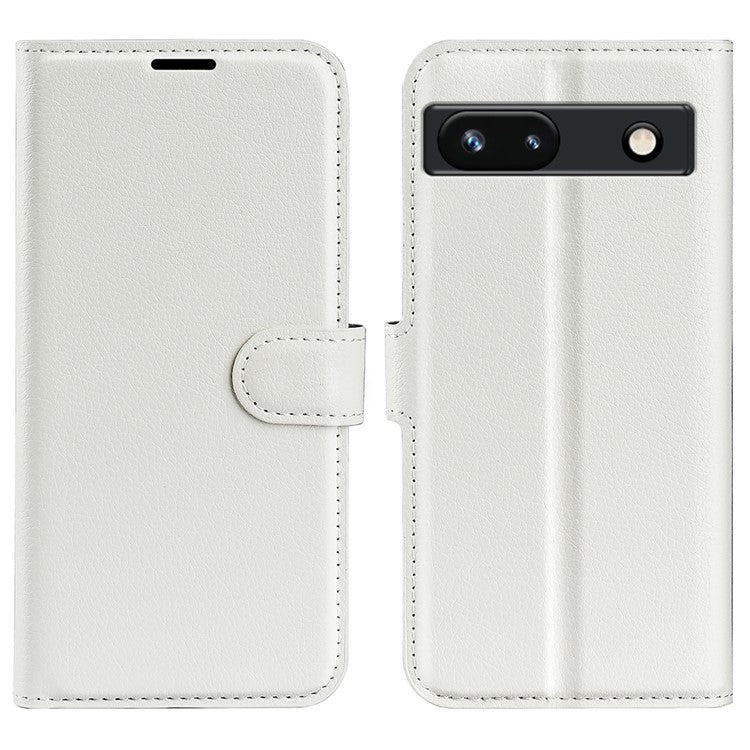 PU Leather Shell for Google Pixel 7a Drop-proof Litchi Texture Phone Case Wallet Stand Flip Cover - White