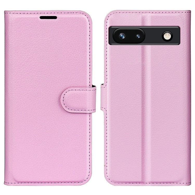 PU Leather Shell for Google Pixel 7a Drop-proof Litchi Texture Phone Case Wallet Stand Flip Cover - Pink