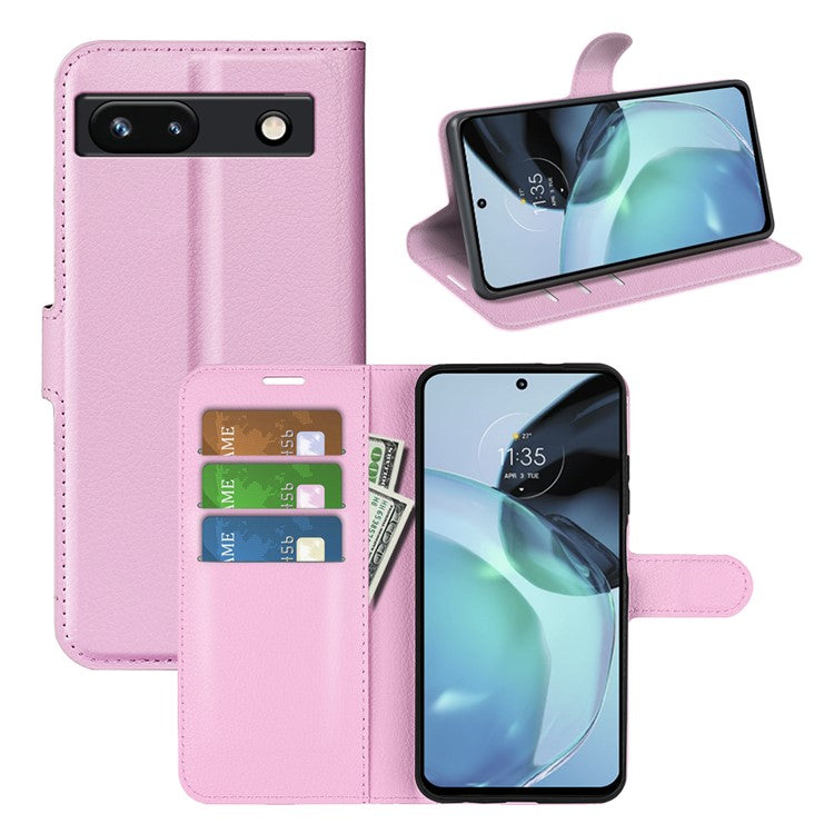 PU Leather Shell for Google Pixel 7a Drop-proof Litchi Texture Phone Case Wallet Stand Flip Cover - Pink