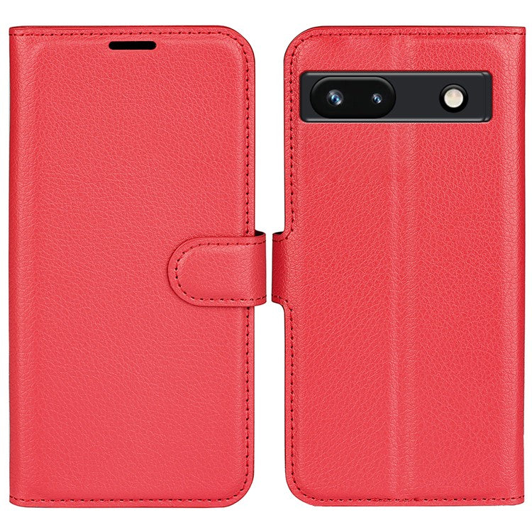 PU Leather Shell for Google Pixel 7a Drop-proof Litchi Texture Phone Case Wallet Stand Flip Cover - Red