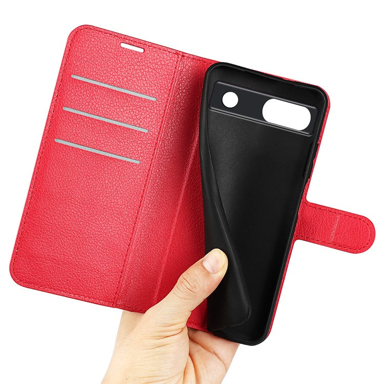 PU Leather Shell for Google Pixel 7a Drop-proof Litchi Texture Phone Case Wallet Stand Flip Cover - Red