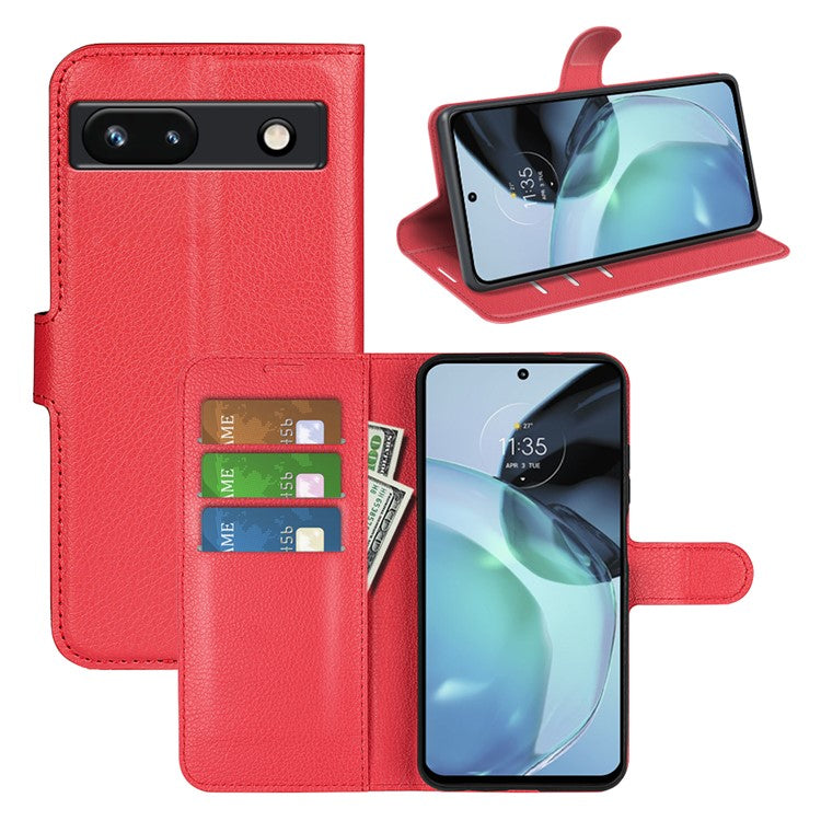 PU Leather Shell for Google Pixel 7a Drop-proof Litchi Texture Phone Case Wallet Stand Flip Cover - Red