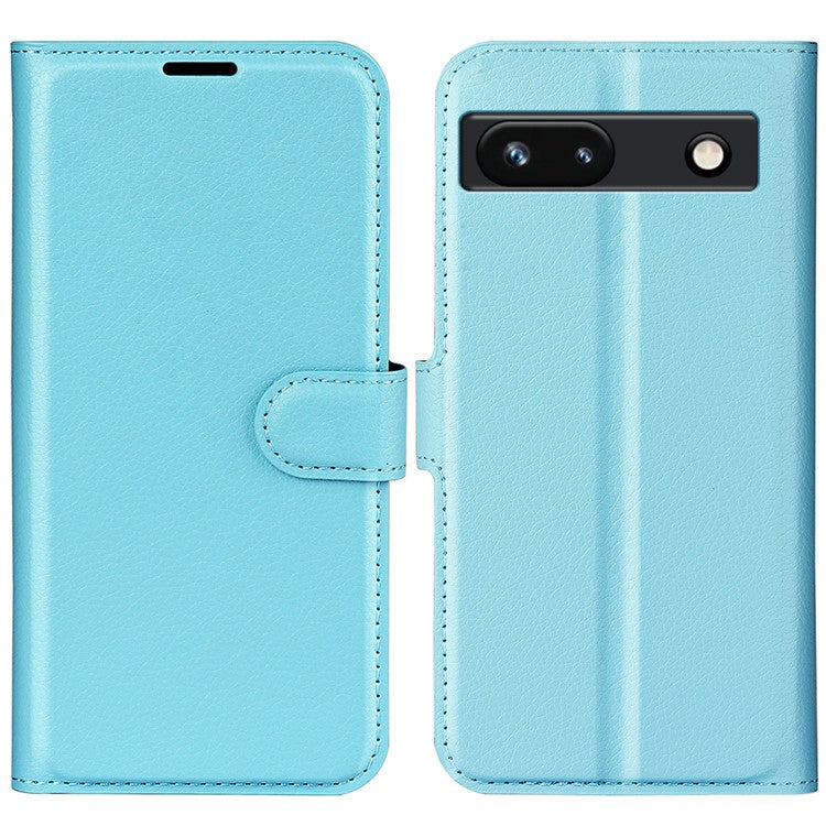 PU Leather Shell for Google Pixel 7a Drop-proof Litchi Texture Phone Case Wallet Stand Flip Cover - Blue