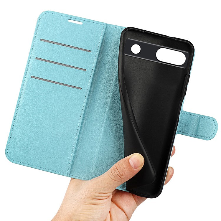 PU Leather Shell for Google Pixel 7a Drop-proof Litchi Texture Phone Case Wallet Stand Flip Cover - Blue