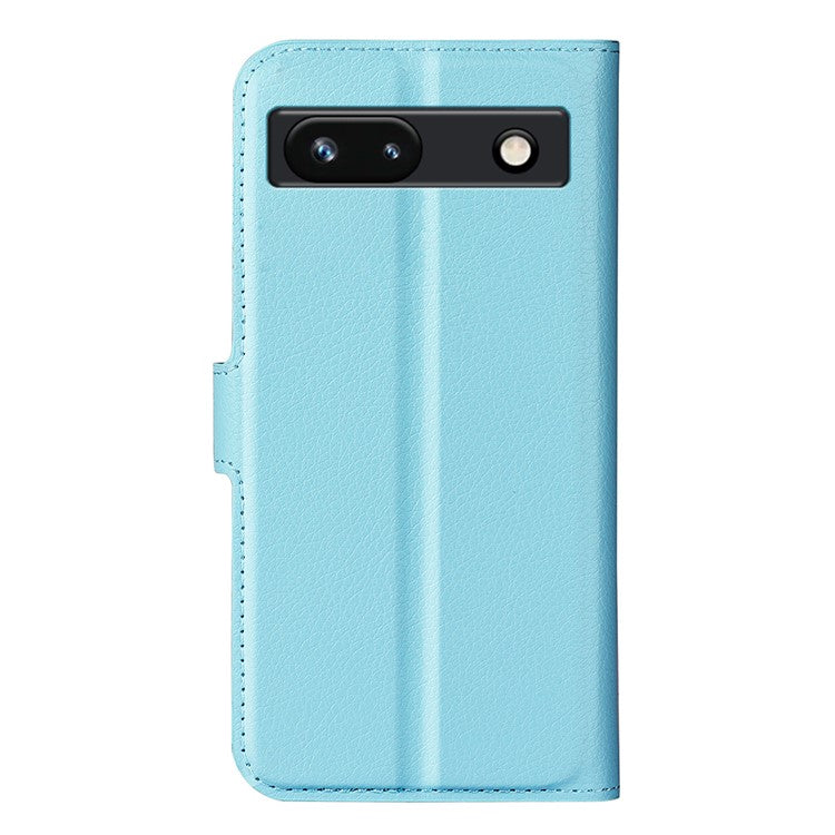 PU Leather Shell for Google Pixel 7a Drop-proof Litchi Texture Phone Case Wallet Stand Flip Cover - Blue
