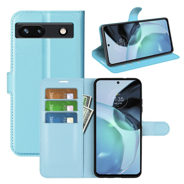 PU Leather Shell for Google Pixel 7a Drop-proof Litchi Texture Phone Case Wallet Stand Flip Cover - Blue