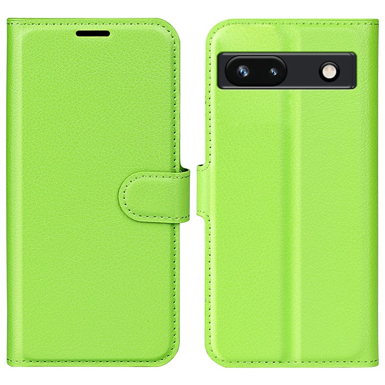 PU Leather Shell for Google Pixel 7a Drop-proof Litchi Texture Phone Case Wallet Stand Flip Cover - Green