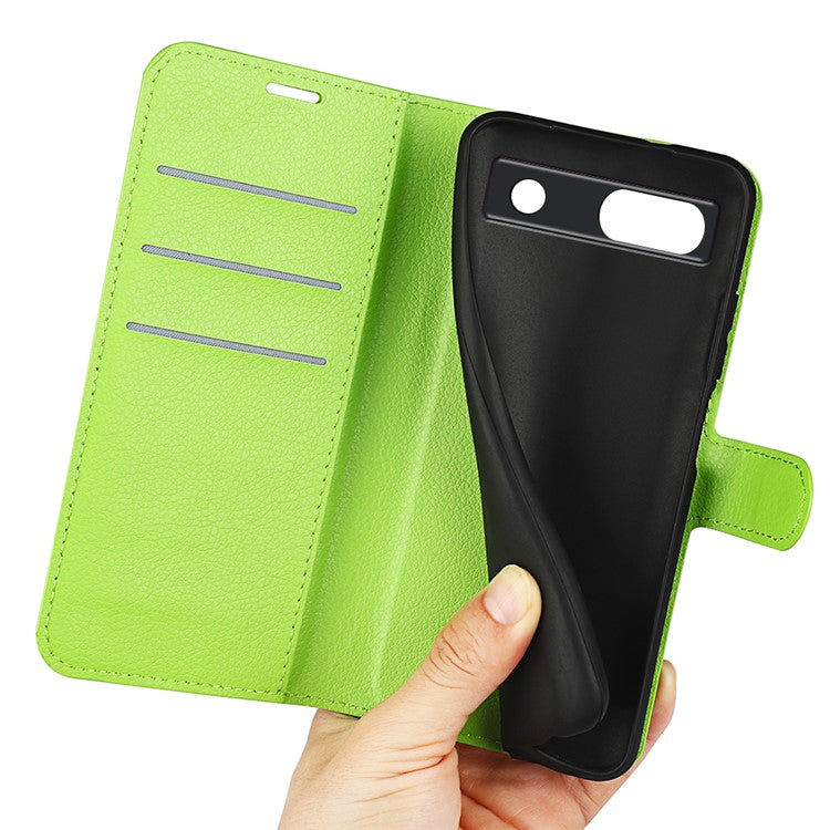 PU Leather Shell for Google Pixel 7a Drop-proof Litchi Texture Phone Case Wallet Stand Flip Cover - Green