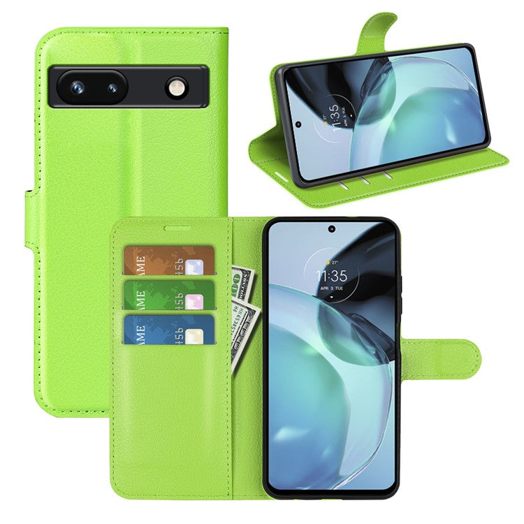 PU Leather Shell for Google Pixel 7a Drop-proof Litchi Texture Phone Case Wallet Stand Flip Cover - Green